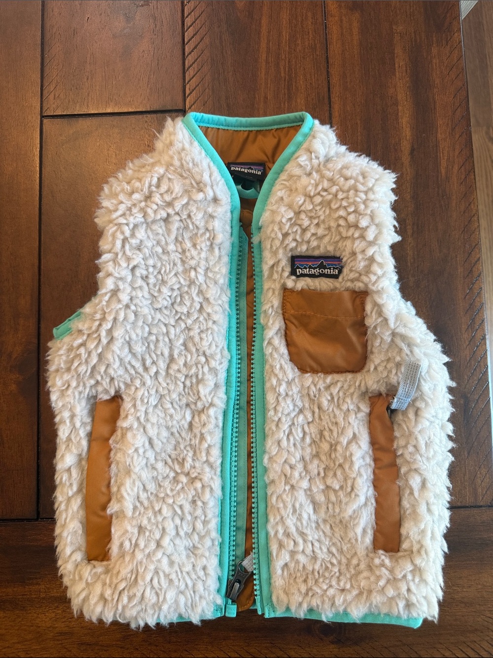 Patagonia Baby Cream Sherpa Vest with Teal Trim size 6/12M like new
